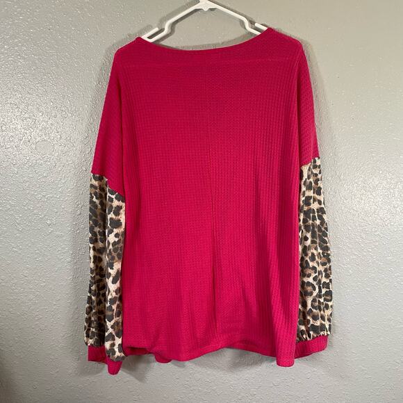 Haptics 1X Pink Cheetah Print Long Sleeve Strappy Shirt Top Waffle Knit V Neck - Picture 2 of 8